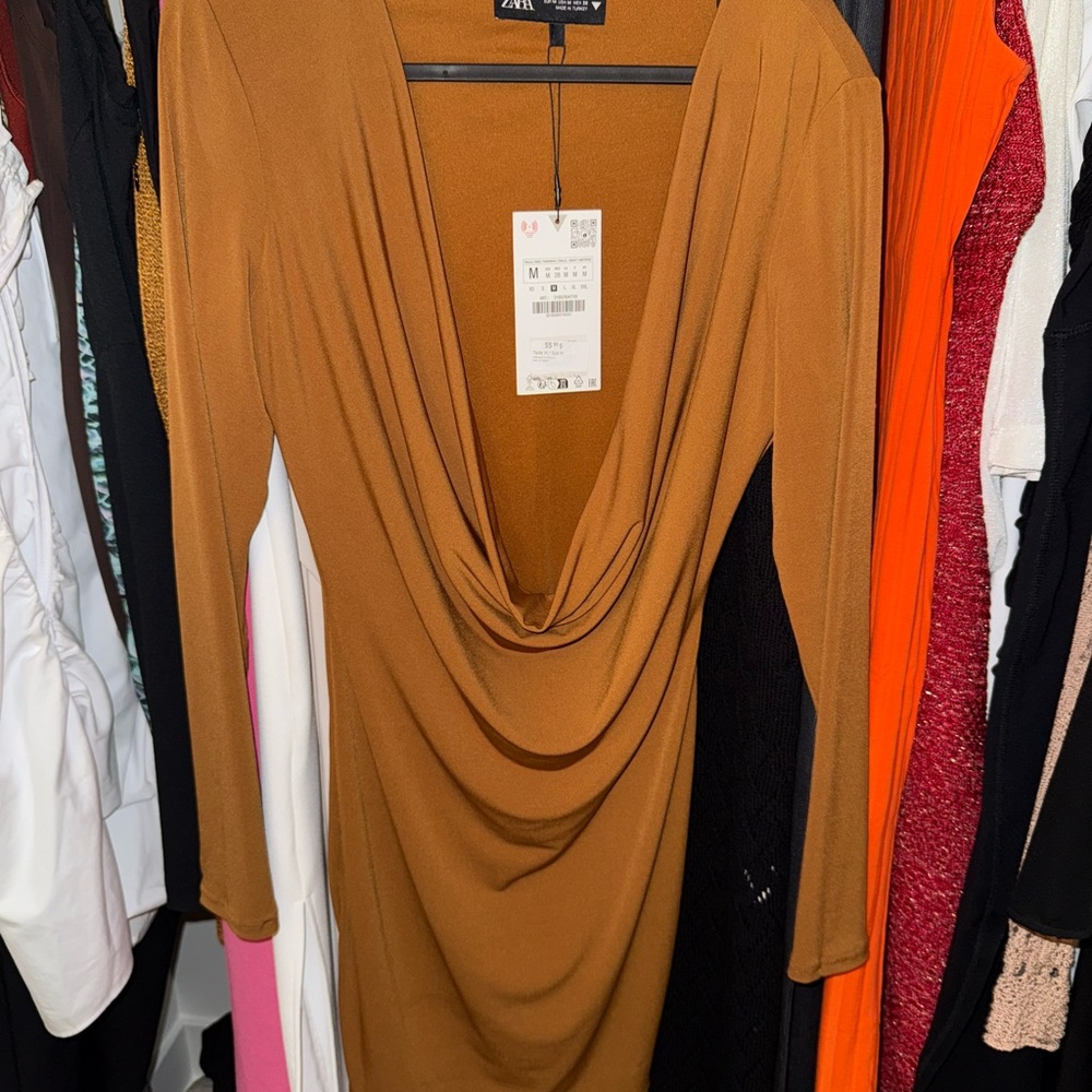 Zara Camel Draped Long Sleeve Dress